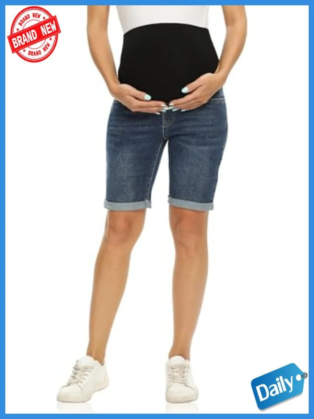 Women's Maternity Bermuda Jean Shorts Over The Belly Knee Length Stretchy Denim